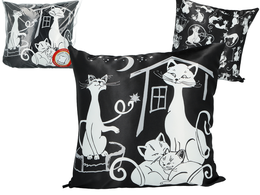Cuscino con imbottitura/cerniera - Mondo dei gatti, Famiglia dei gatti (fondo nero) (CARMANI)